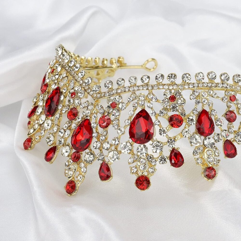 Red Crystal Crown for Women Girls Bridal Party Vintage Tiara Elegant Gift - Picture 9 of 9